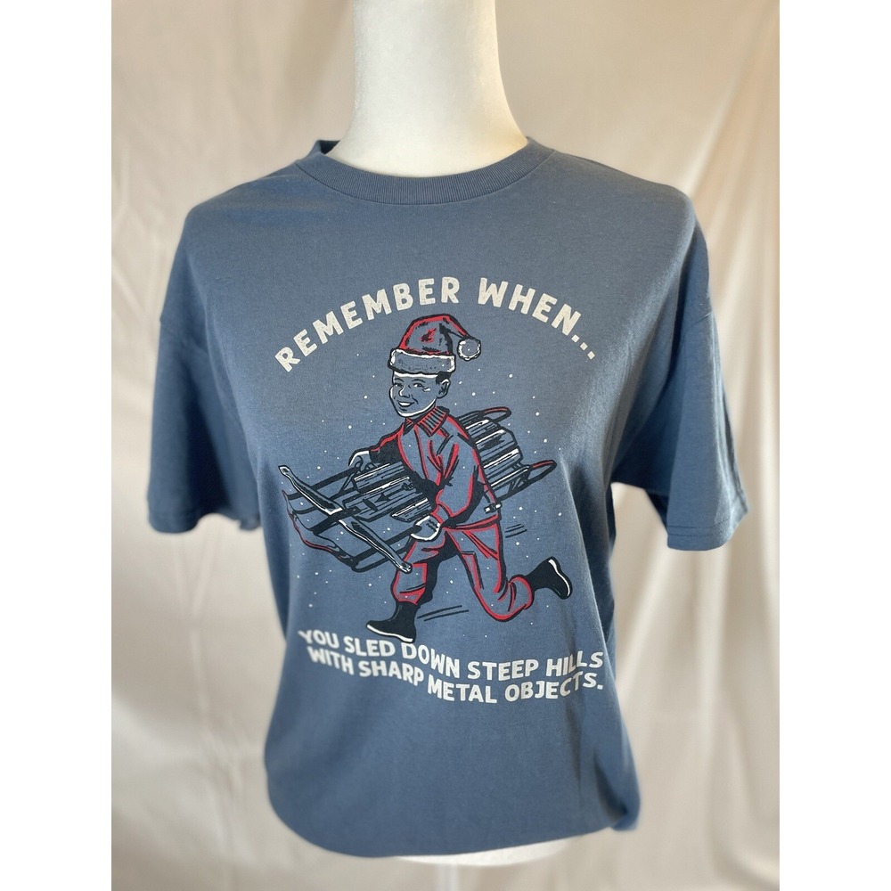 Adult M Blue HOLIDAY Christmas Remember When Vintage Style Winter Sled T Shirt